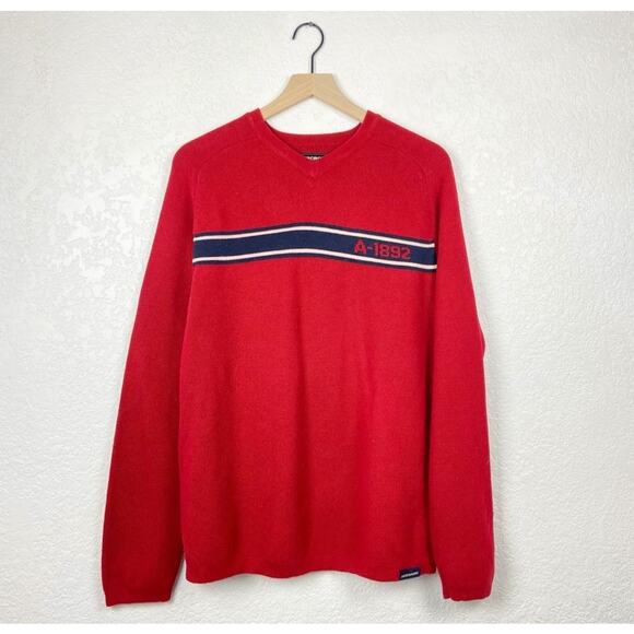 Vintage A&F Abercrombie and fitch red and navy striped pullover crewneck sweater - Picture 1 of 4